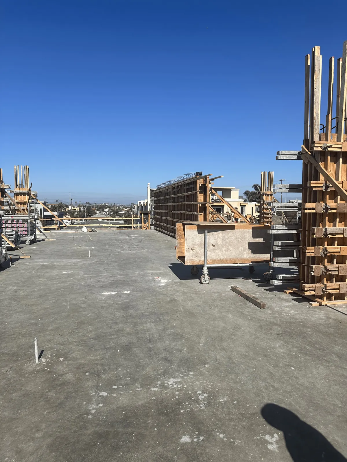 Cured commercial deck after the pour, formwork stacked